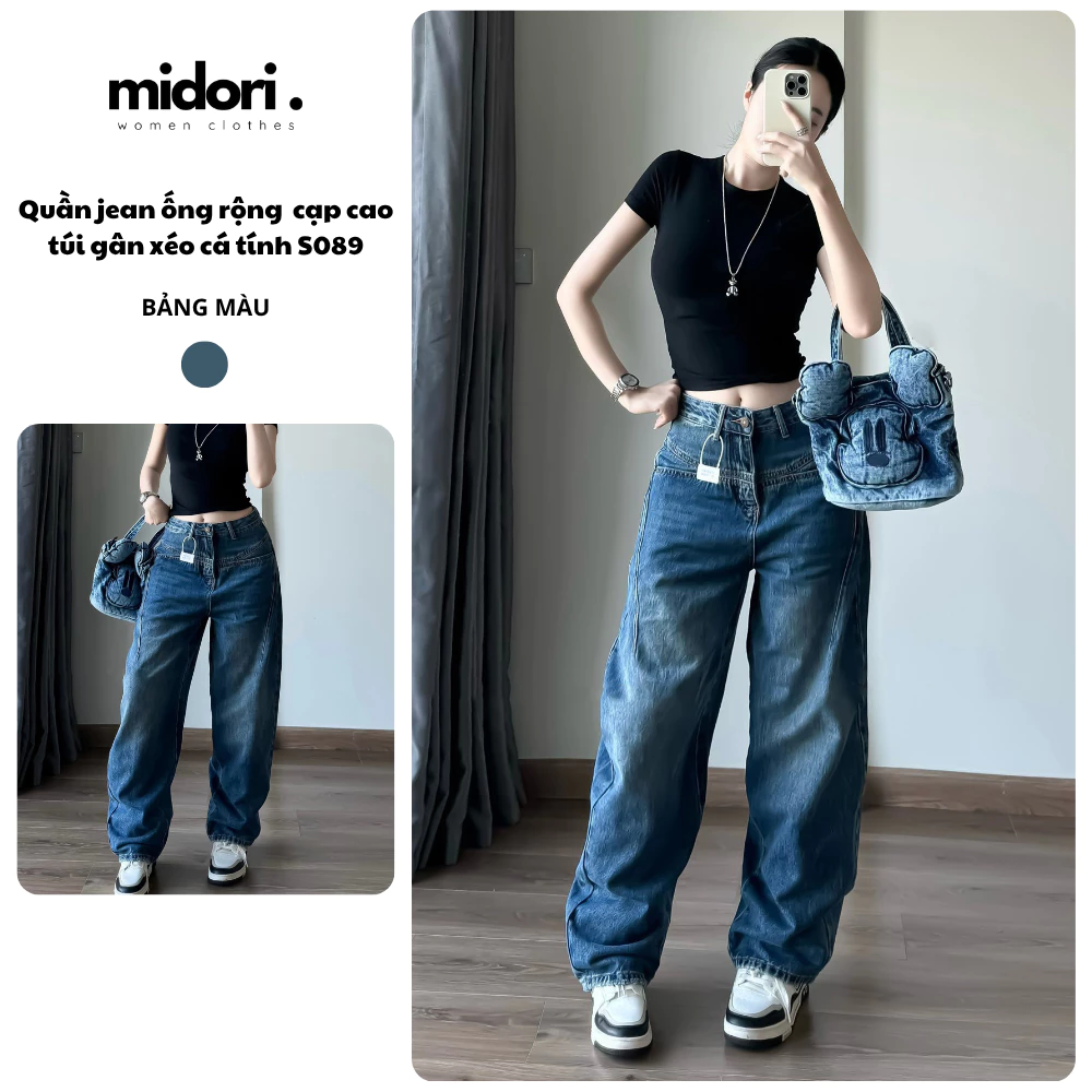Quần jean ống rộng unisex nam nữ cạp cao túi gân xéo Midori Shop Quần jean ống suông hottrend S089