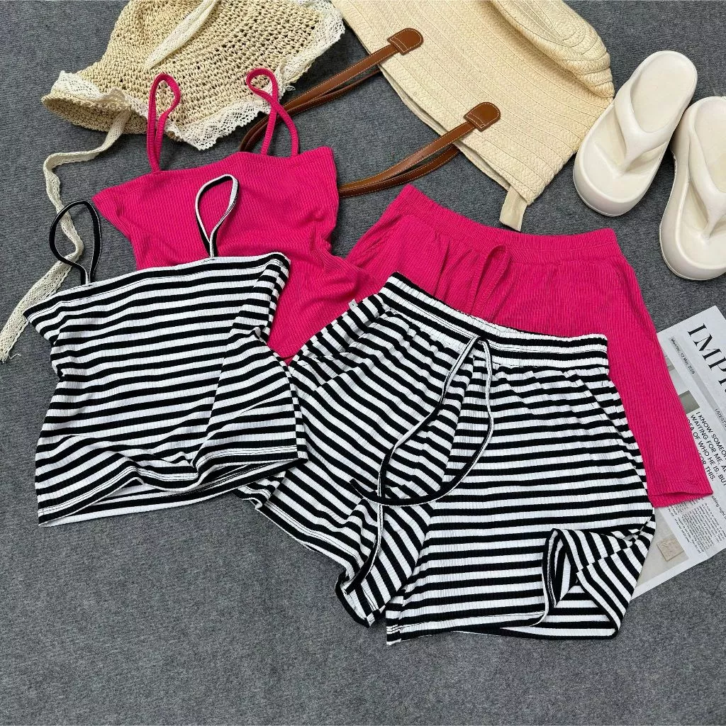 Set Đồ Bộ Bigsize Nữ Áo Croptop Hai Dây, Quần Short Lưng Chun Túi Vải Thun Gân Co Giãn Thấm Hút Mồ Hôi 50-59kg SET19