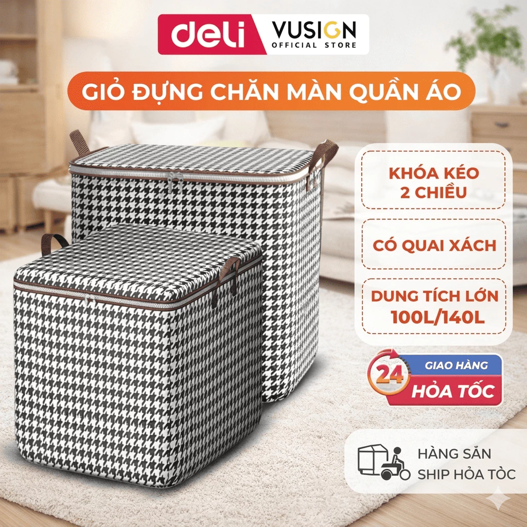 Túi Đựng Chăn Màn 140L DELI Giỏ Đựng Quần Áo Bằng Vải Đa Năng Cỡ Lớn Dễ Gấp Gọn Chống Bụi Bẩn Ẩm Mốc