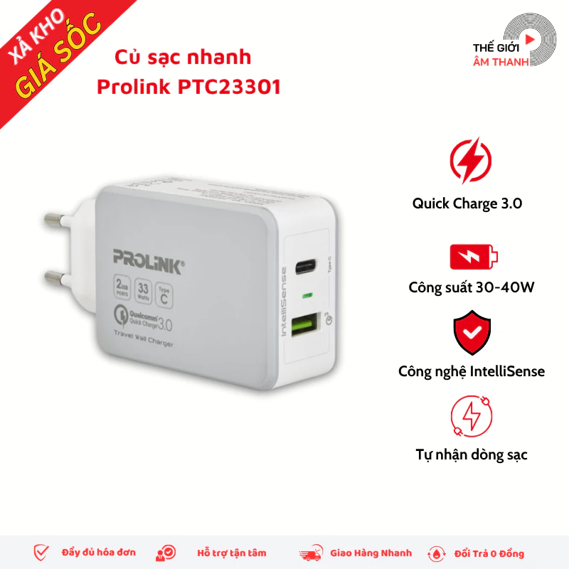 Sạc nhanh 2 cổng Prolink, PTC23301 (1 USB QC3.0, 1 Type C) - Bộ sạc nhanh - Củ sạc nhanh QC3.0 - THẾ GIỚI ÂM THANH