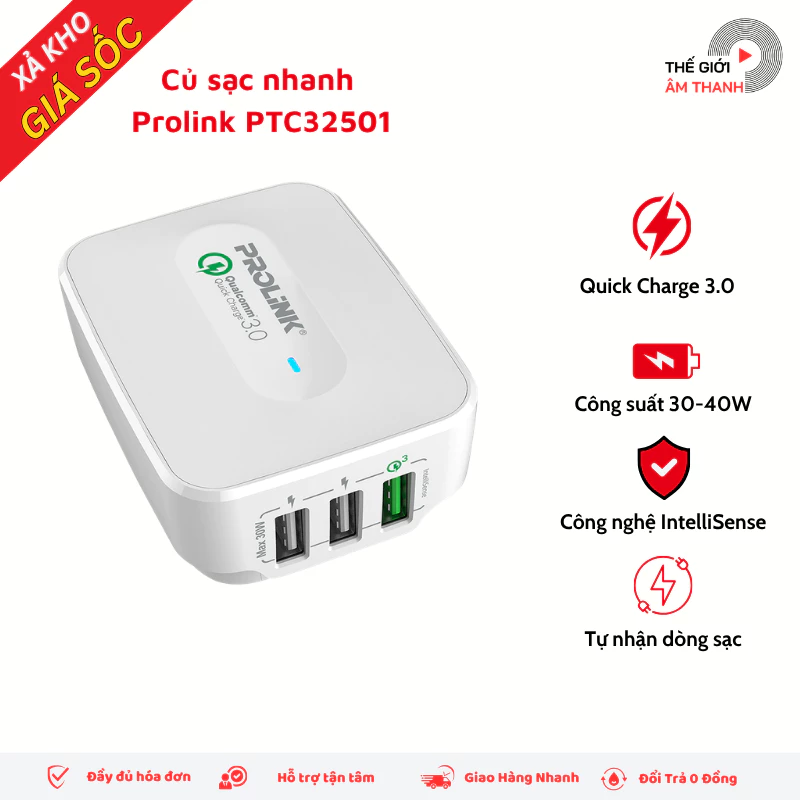 Sạc Nhanh 3 Cổng Prolink PTC32501 (1 USB QC3.0, 2 USB) - Bộ sạc nhanh - Củ sạc nhanh QC3.0 - THÊ GIỚI ÂM THANH