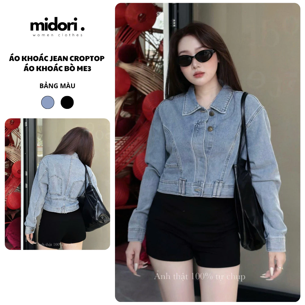 Áo khoác jean croptop dáng ngắn cá tính Midori Shop Áo khoác denim khoác bò túi sau hack dáng ME3