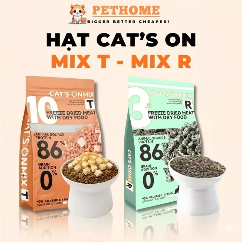 Hạt Cho Mèo Cat's On Mix R & Mix T Topping Gà Viên, Phủ Ruốc Gà, Tiêu Búi Lông, Cân Bằng Hệ Tiêu Hoá