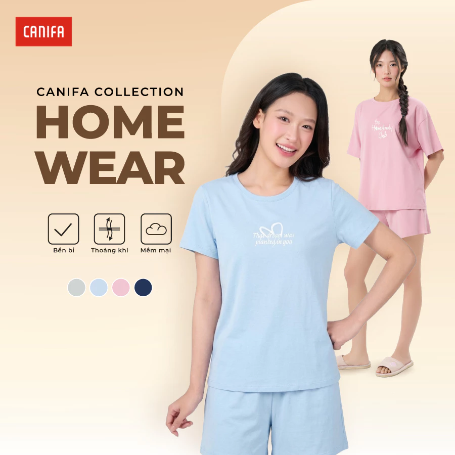 Bộ quần áo nữ CANIFA bộ hè thun cộc tay quần short có hình in PS26 6LS26S004