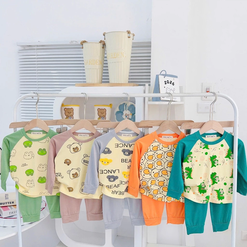 [  6-25kg ]  Bộ Dài Tay Thun Lạnh Micky woo Cho Bé Cho Bé Trai Bé Gái mặc ngủ điều hòa, mền mịn thoáng mát Cao 80-124Cm
