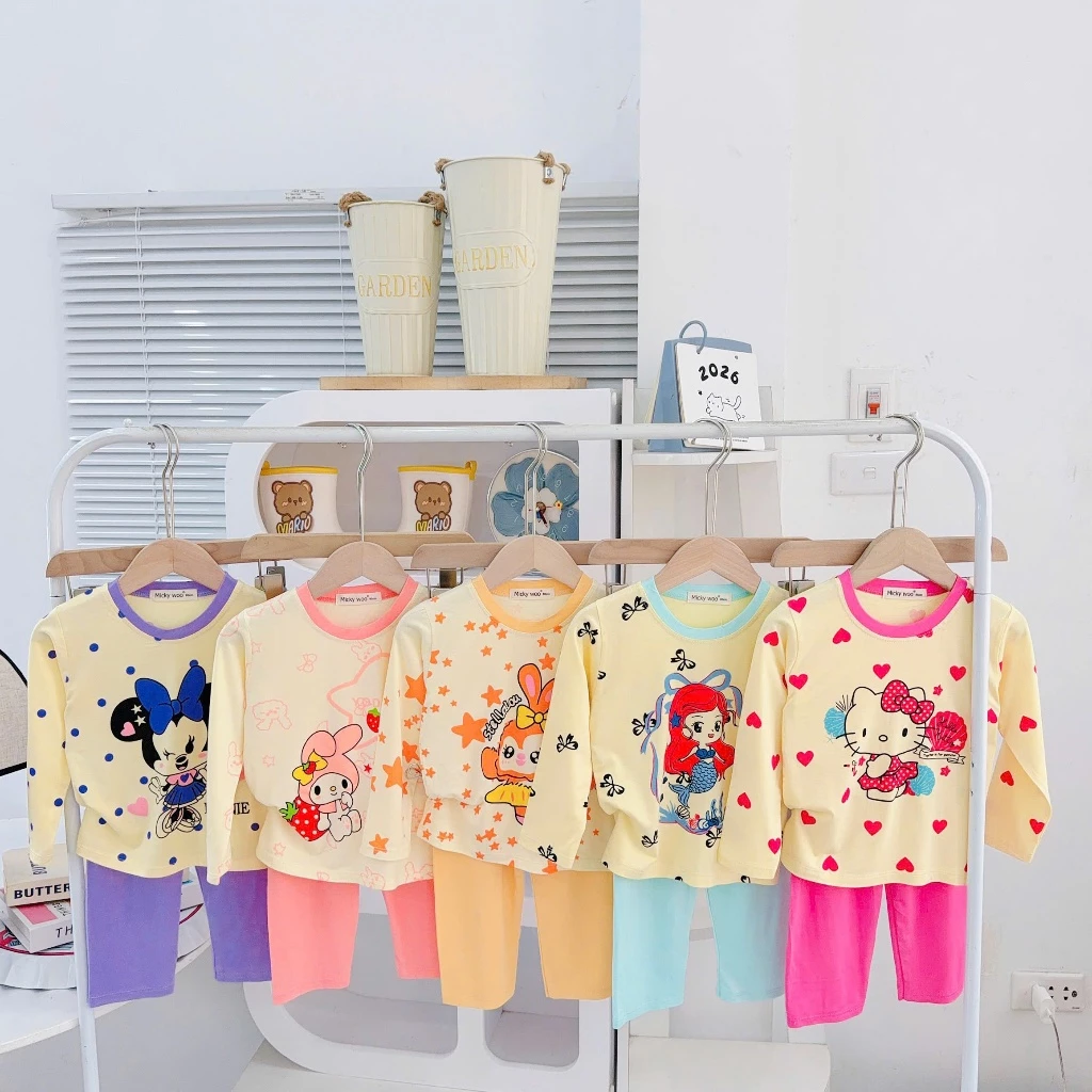 [ 7-25kg]  Bộ Dài Tay Thun Lạnh Micky woo Cho Bé Gái Cao 80-124Cm Thoáng Mát Mềm Mịn mặc ngủ điều hòa mát mịn