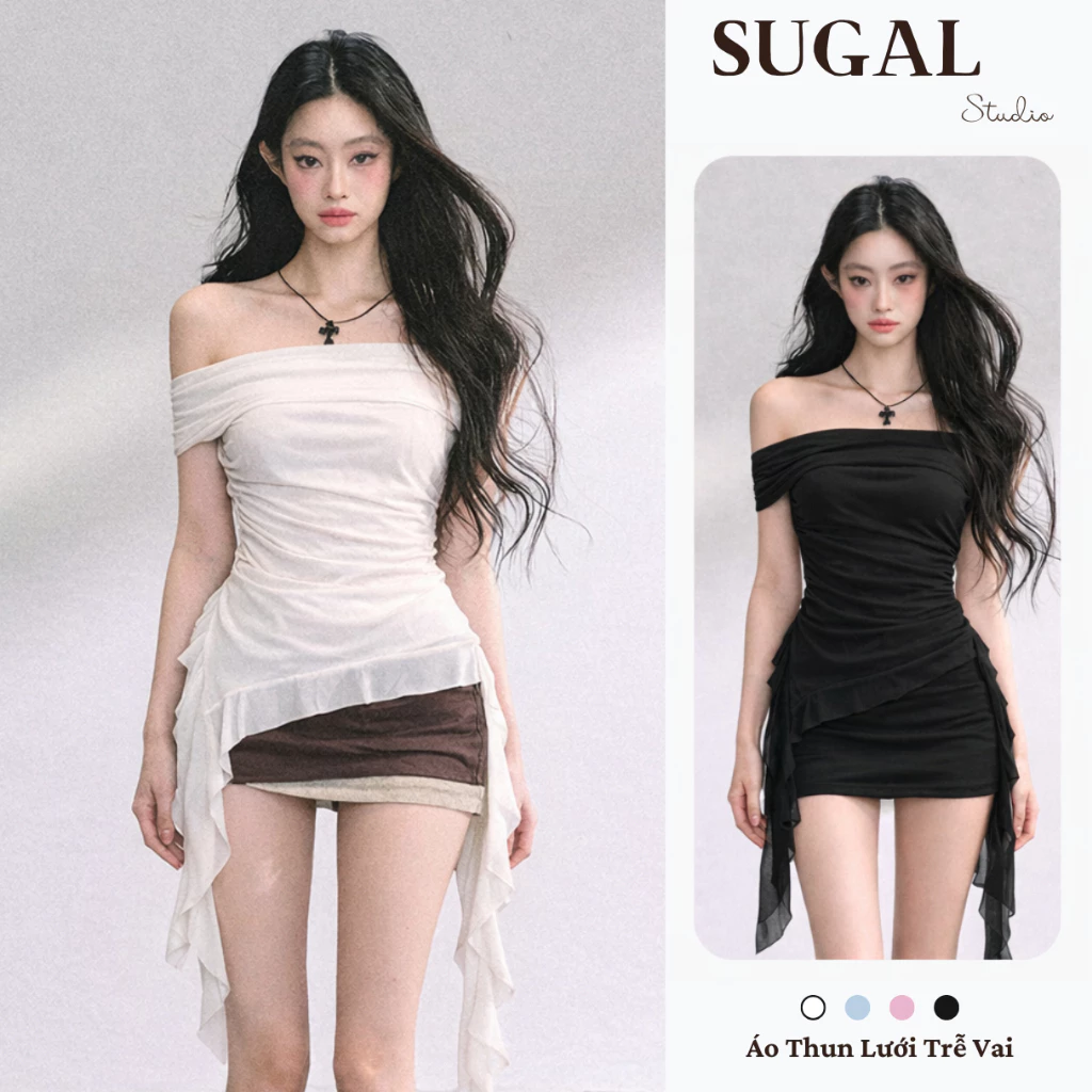 SUGAL - Áo Kiểu Trễ Vai Chất Thun Lưới Hai Lớp Kèm Lớp Lót Không Lộ - Áo Kiểu Mùa Hè Phù Hợp Đi Chơi Du Lịch | TOP 295V3