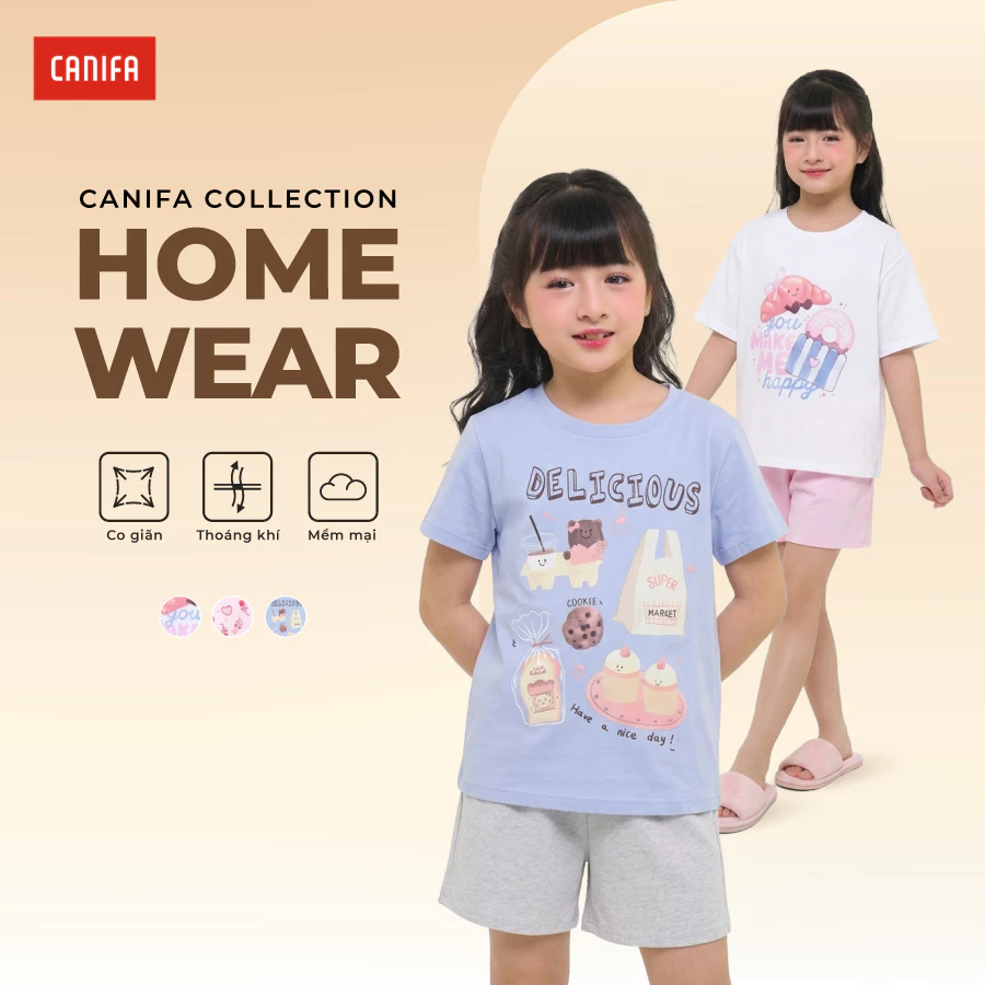 Bộ quần áo bé gái CANIFA áo thun cộc tay in họa tiết quần short chất cotton pha 1LS26S005