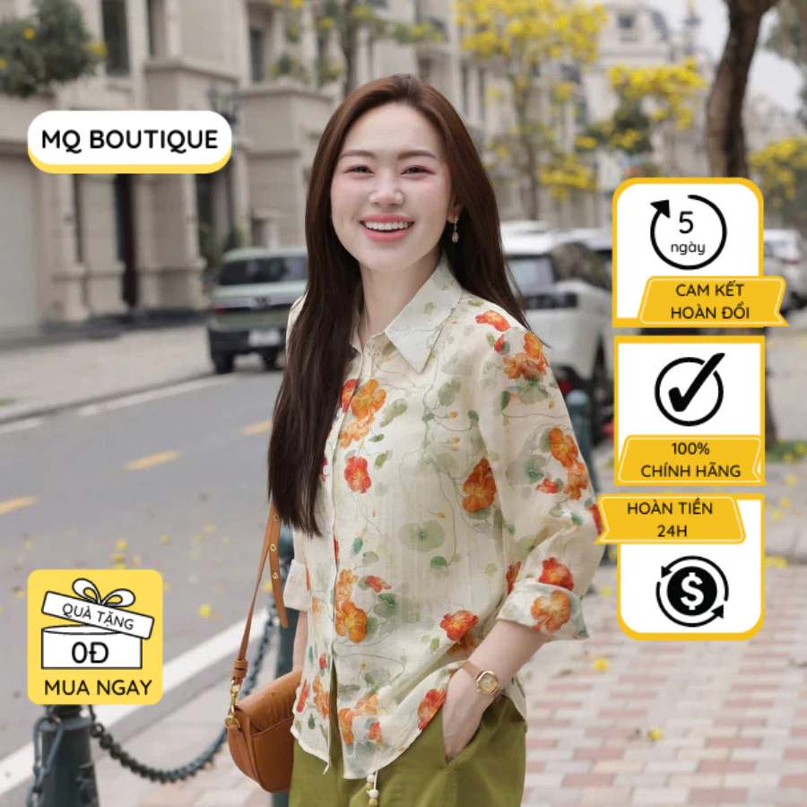 Áo sơ mi hoa cam nhỏ nữ tơ dài tay cao cấp công sở MQ Boutique họa tiết hoa nền vàng xanh mềm sang trọng tôn da