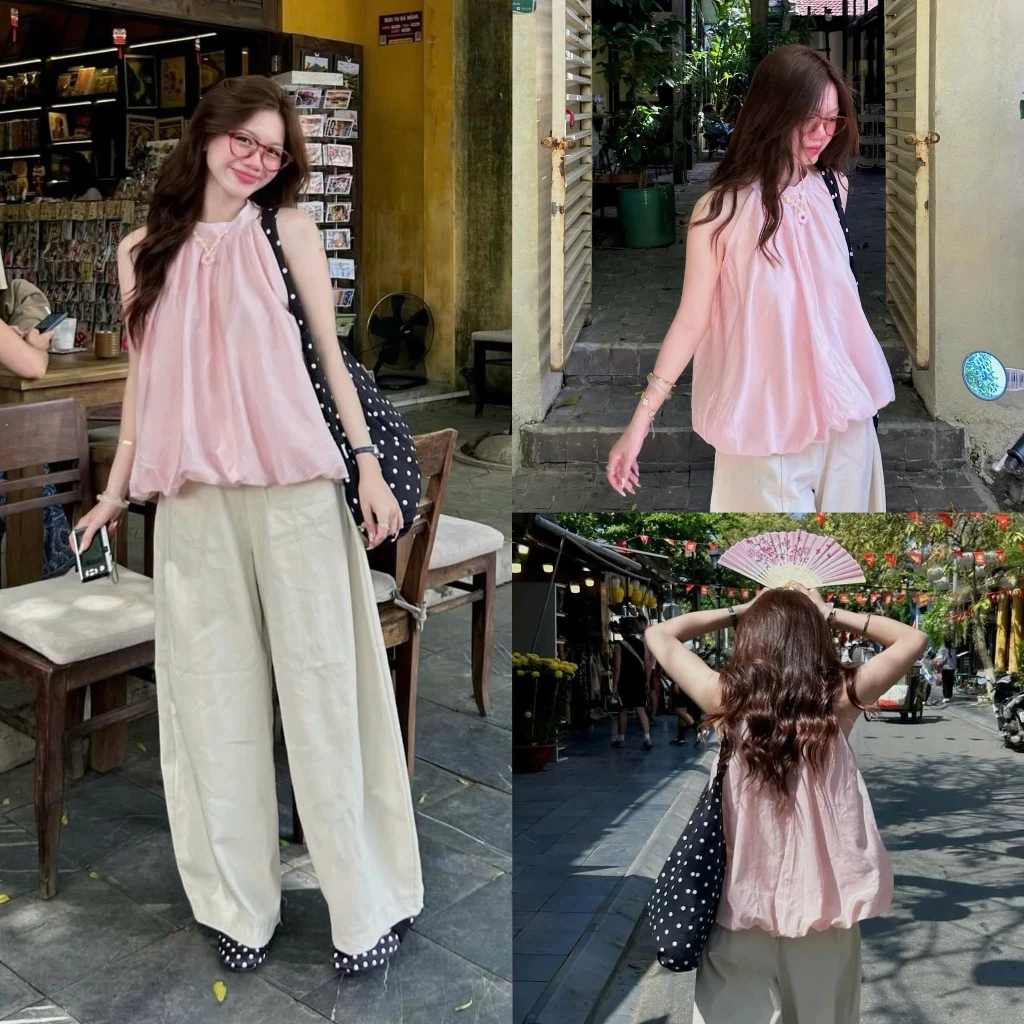 (Hàng L1, Sẵn) Áo yếm dáng bí phồng, tơ gió nhăn mỏng mùa hè Suzy Top.