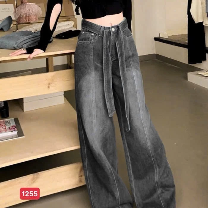 [S-XL] Quần jean suông ống rộng 30cm, quần jeans nữ phối đai dây hottrend thời trang trẻ trung 1255