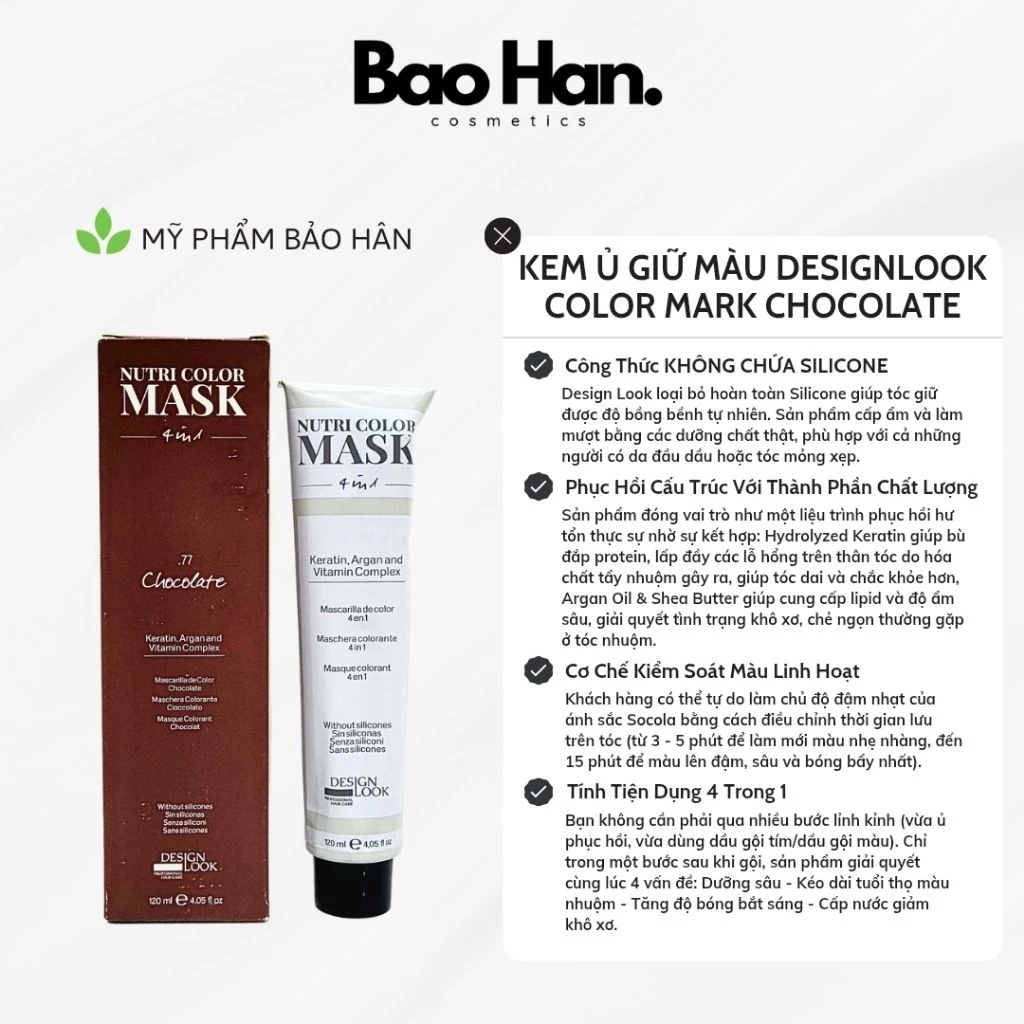KEM Ủ TÓC GIỮ MÀU CHOCOLATE DESIGNLOOK NUTRI COLOR MASK 120ML - PHỤC HỒI GIỮ MÀU 4 TRONG 1, KHÔNG SILICONE MÀU SOCOLA