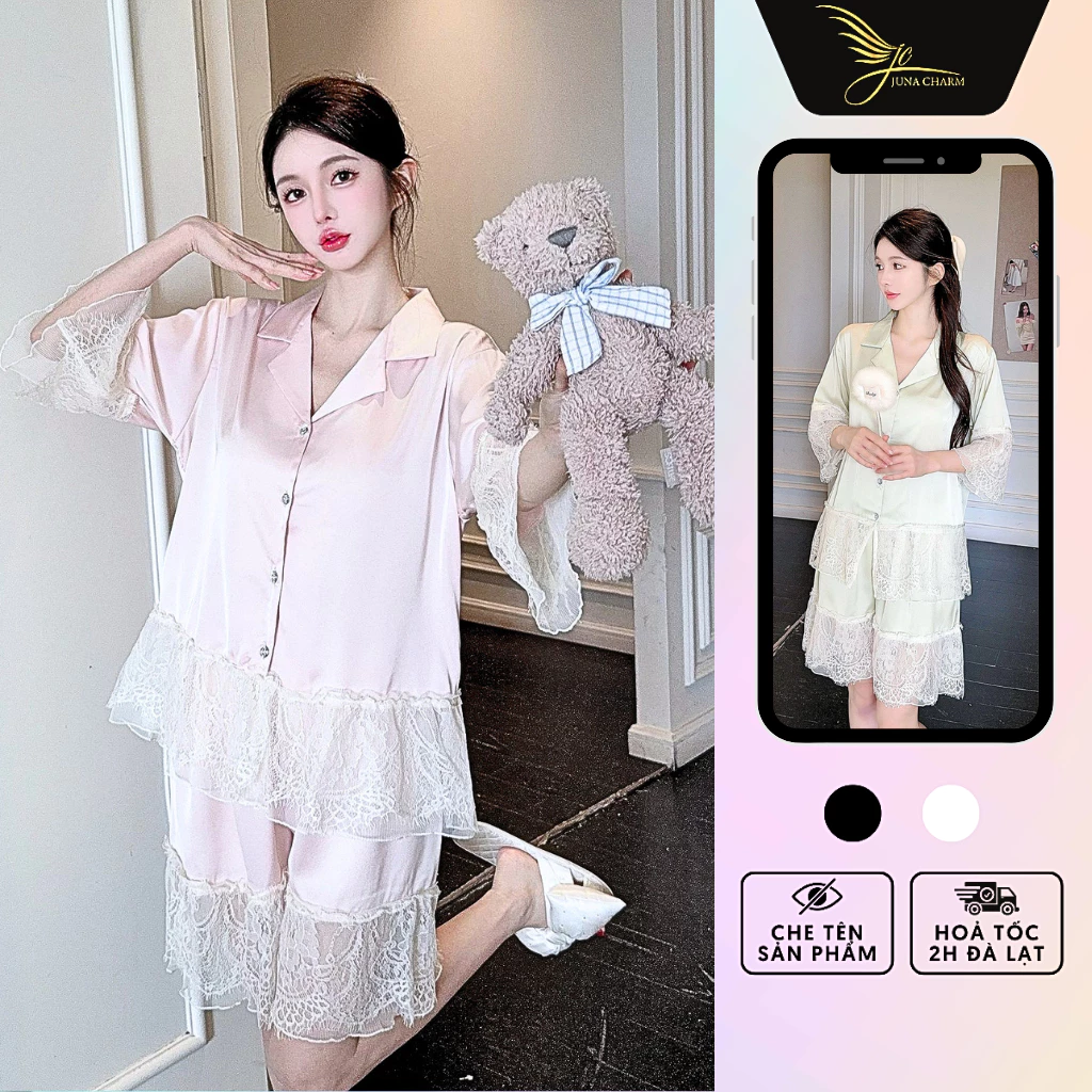 Bộ Pijama Mặc Nhà, Đồ Bộ Đùi Cộc JUNA Freesize Thời Trang Đồ Ngủ Dành Cho Nữ, Chất Lụa Phối Ren, Màu Hồng/Xanh/SP67222