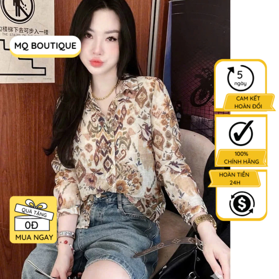 Sơ mi nữ tơ họa tiết dài tay thiết kế MQ Boutique công sở họa tiết cổ điển hoa nâu hình học, áo sơ mi dáng cơ bản