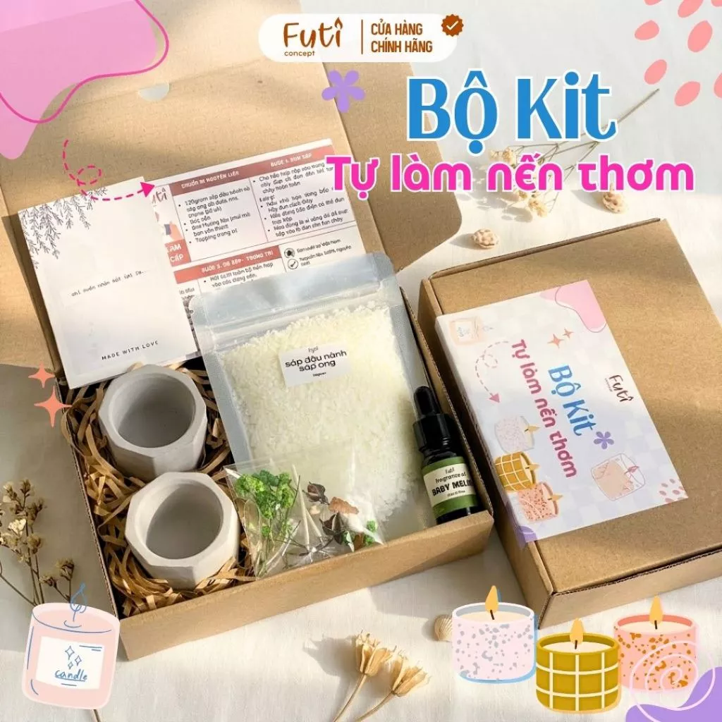 Bộ Kit Tự Làm Nến Thơm Cốc Xi Măng Siêu Dễ, Đầy Đủ Nguyên Liệu Phụ Kiện