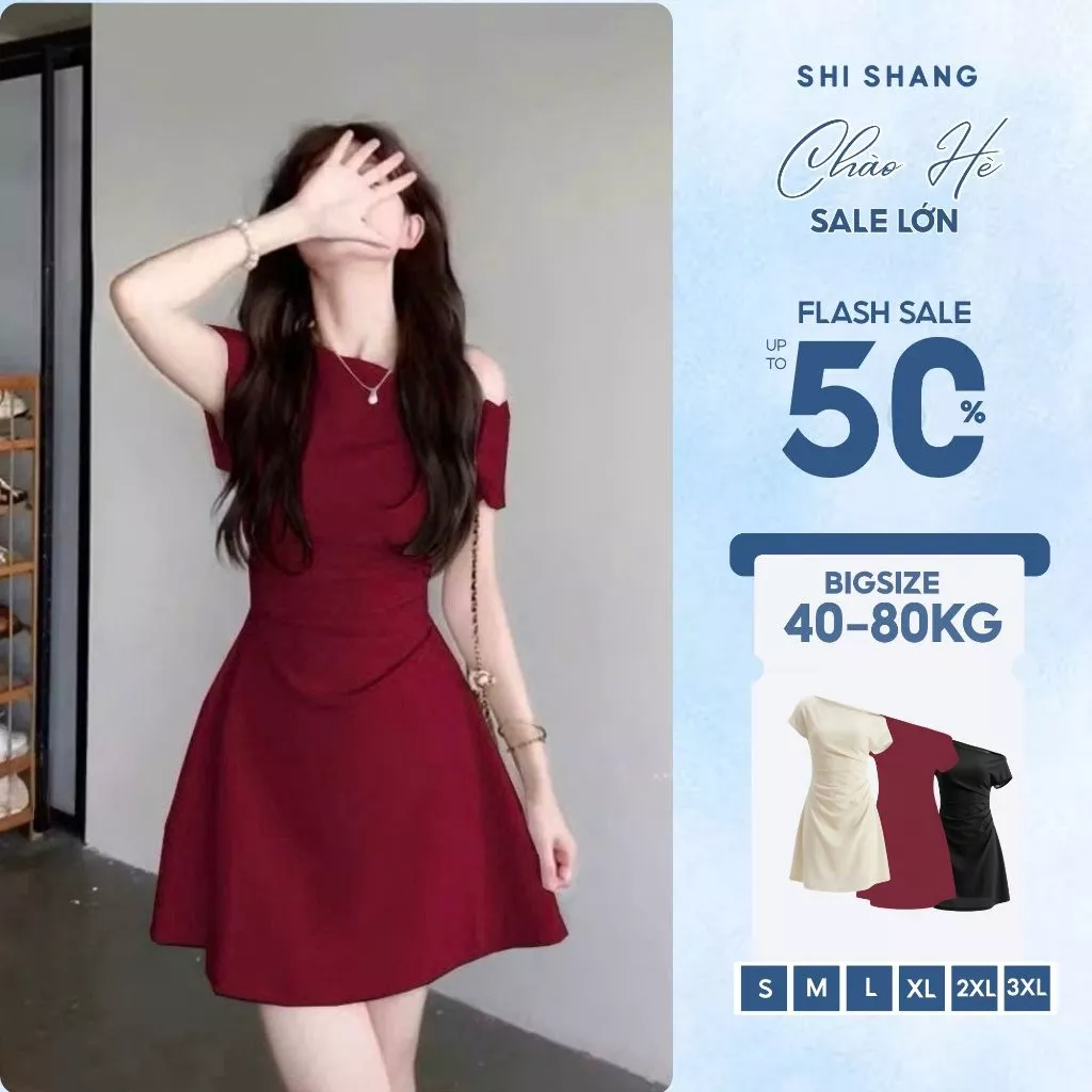 Đầm Lệch Vai Dáng Ngắn Li Eo Có Bigsize, Đầm Dáng A Che Bụng Tôn Dáng by Shi Shang - SH009