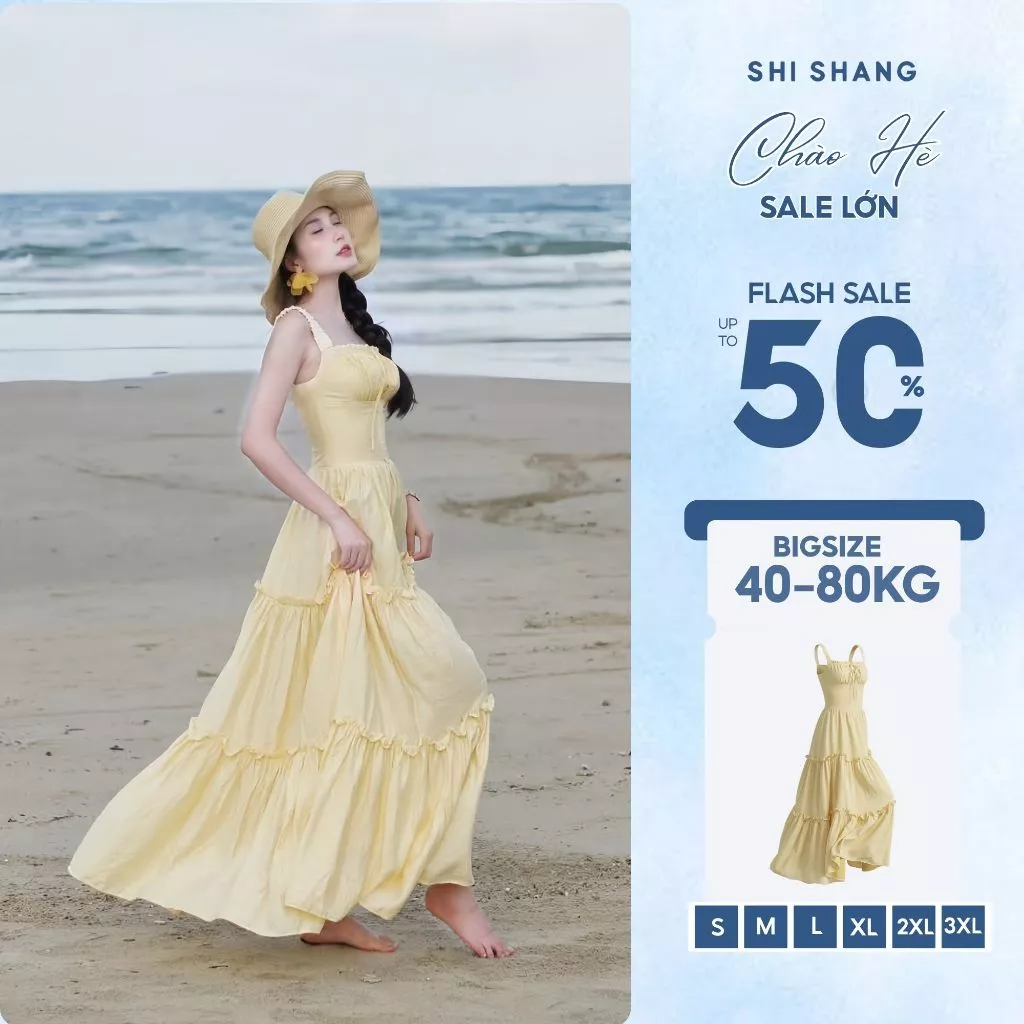 [𝐇𝐞̀ 𝟐𝟎𝟐𝟔] Váy 2 Dây Đi Biển Dáng Maxi Chun Lưng Có Bigsize, Đầm Đi Du Lịch Xòe Tầng by Shi Shang - SH007