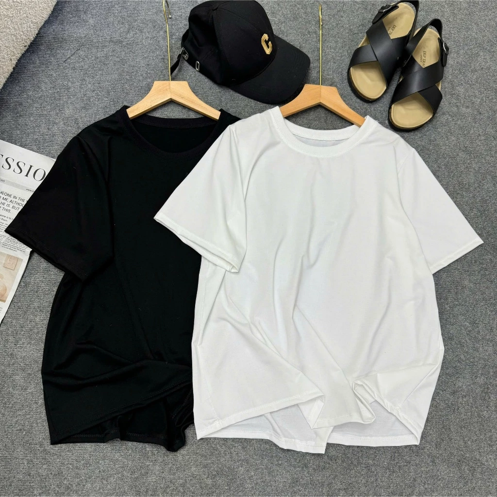 Áo thun Basic Bigsize Nữ cổ tròn tay ngắn màu trắng đen vải cotton mềm mát over size dễ mặc - A843