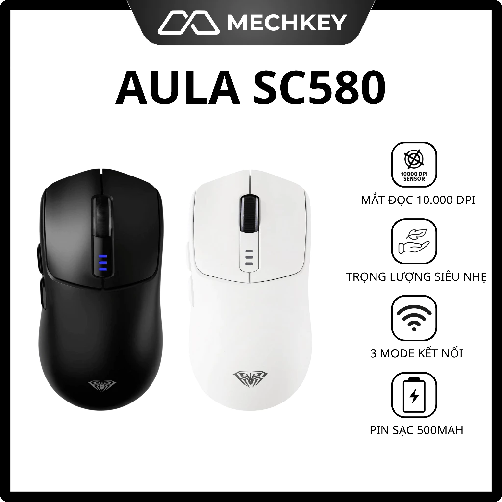 Chuột không dây AULA SC580 - 3 Mode, 10.000 DPI, Thiết kế Công thái học, Pin sạc Type-C
