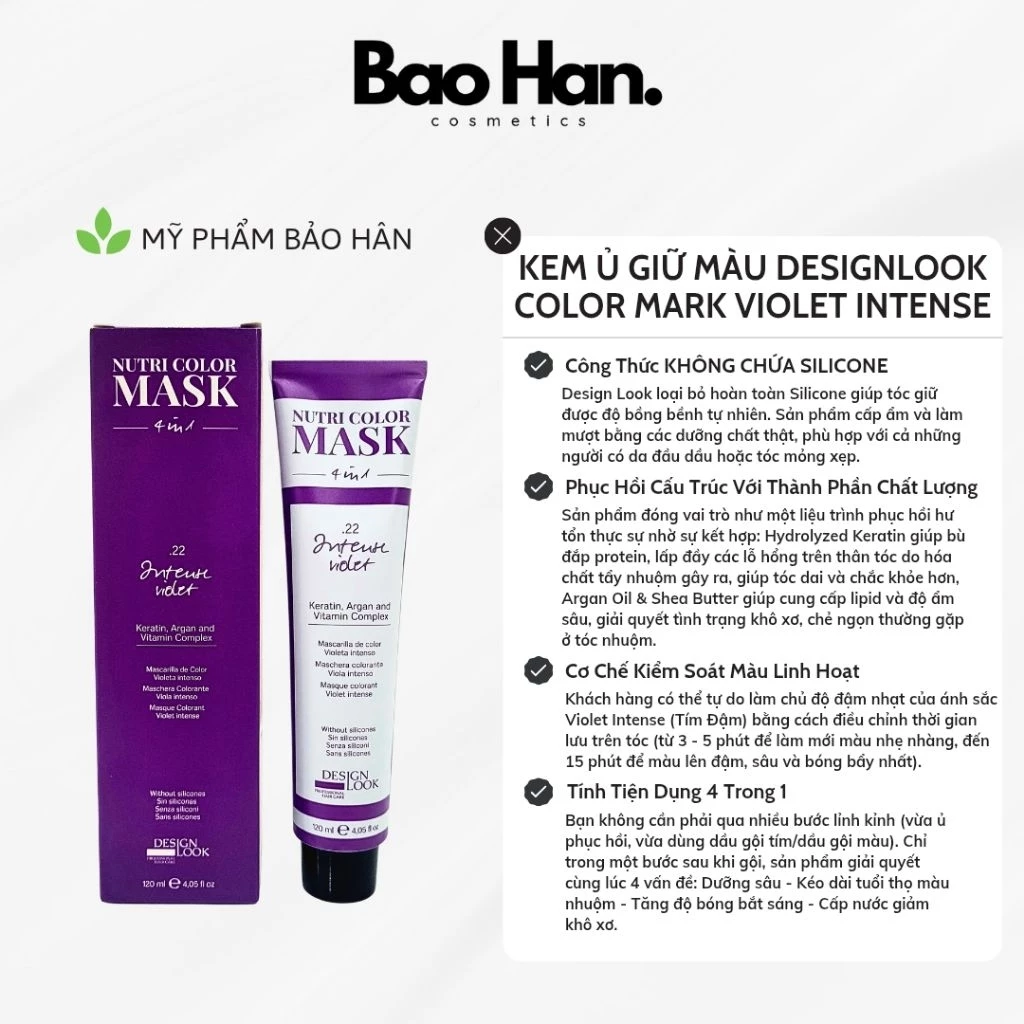 KEM Ủ TÓC GIỮ MÀU VIOLET DESIGNLOOK NUTRI COLOR MASK 120ML - PHỤC HỒI GIỮ MÀU 4 TRONG 1, KHÔNG SILICONE MÀU TÍM ĐẬM