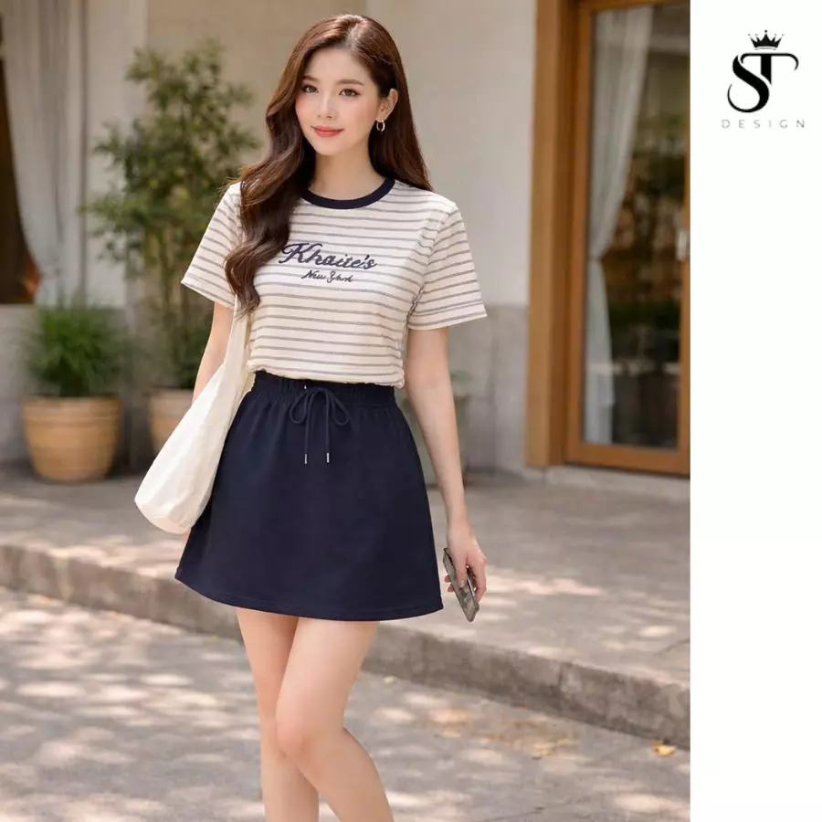 Set bộ thô cotton áo kẻ trend New York phối chân váy xanh than - ST Design - 69