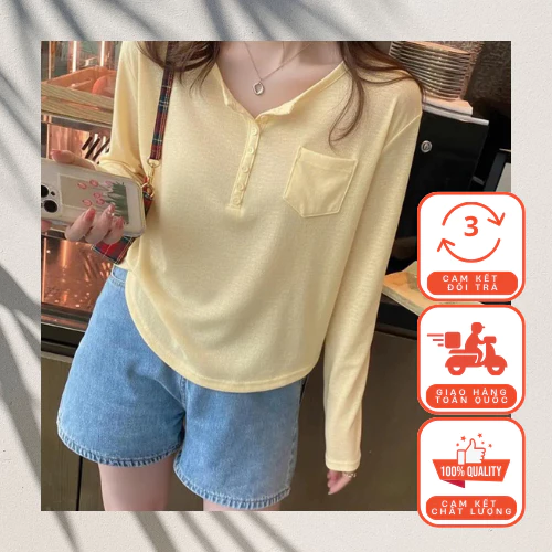 Áo thun dài tay nữ basic có túi sành điệu thun cotton co giãn thoáng mát thấm hút mồ hôi