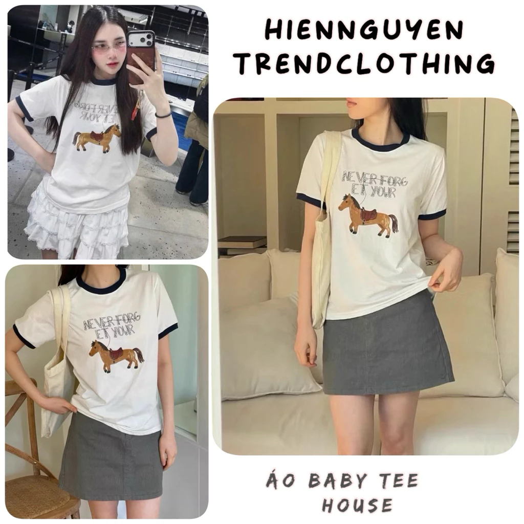 Áo Baby Tee NEVER FORGET YOUR Nữ  .Áo Thun Ringer Cổ Viền In Hình Ngựa Hot Trend - Áo Phông Ngắn Tay Chất Cotton Co Giãn