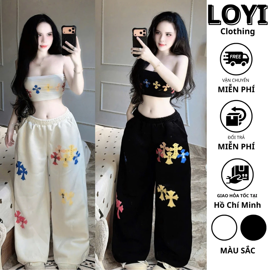 Set Nữ Áo Quây Croptop + Quần Ống Rộng Chữ Thập – Set Đồ Nữ Gợi Cảm Cá Tính Dáng Rộng Hot Trend 2026