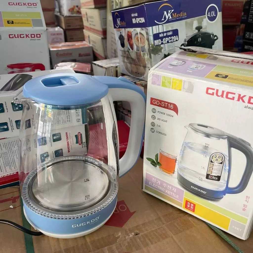 Ấm Siêu Tốc Thủy Tinh Đèn LED 2 Lít GUGKDD,Nắp Nút Mở, Đun Sôi Nhanh, Bệ Khớp Xoay, Tiện Lợi Đa Năng