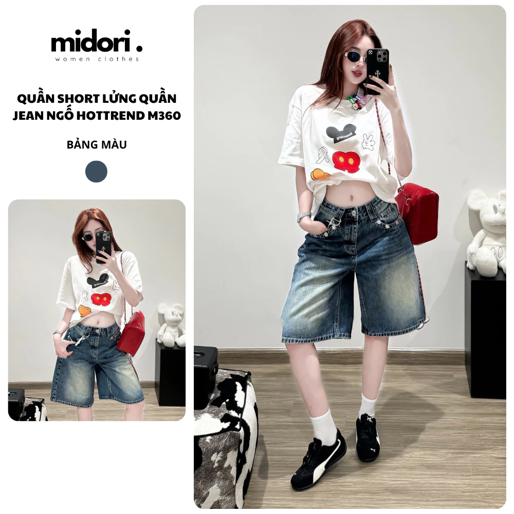 Quần jean ngố dáng lửng vải jean mềm Midori Shop Quần short jean túi cúc thời trang nữ năng động M360