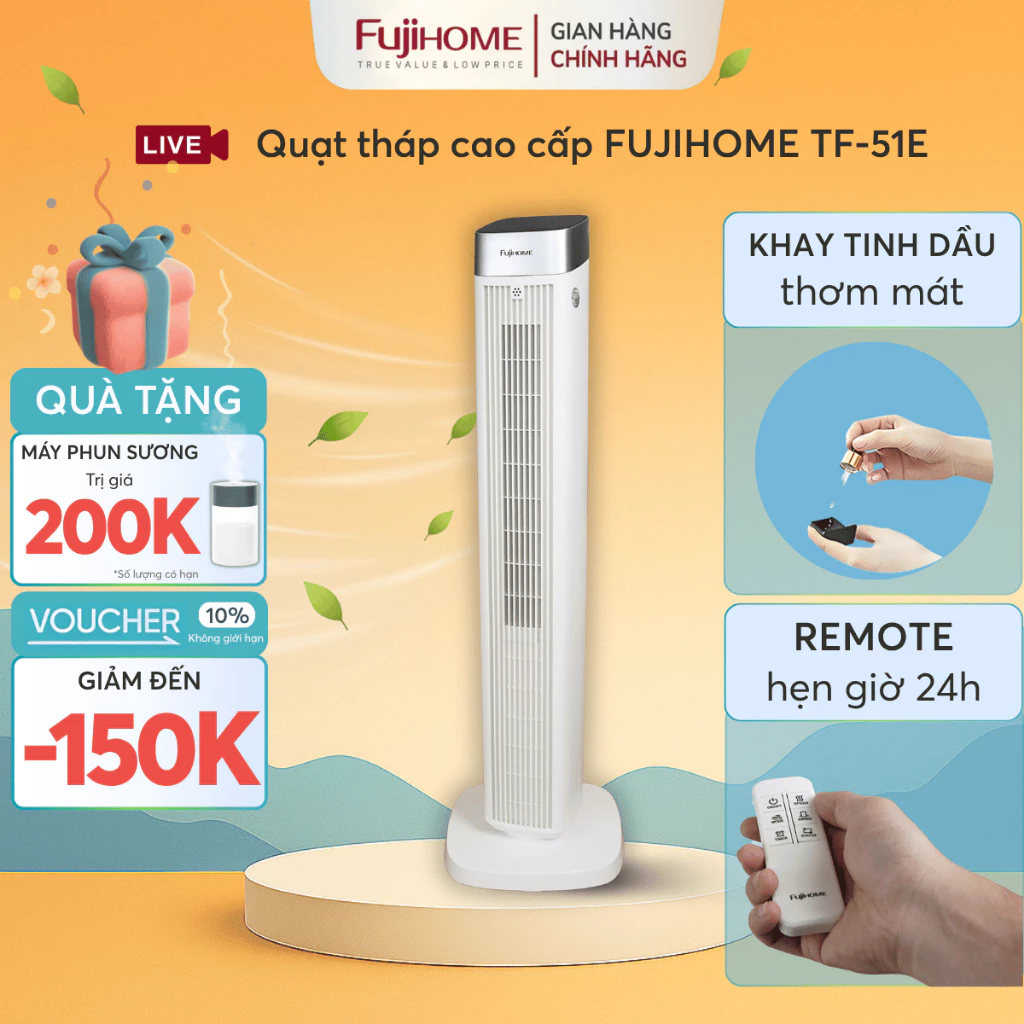 Quạt tháp cao cấp 3 chế độ gió TF-51E Nhập Khẩu FUJIHOME, Quạt điện cây làm mát tiết kiệm điện