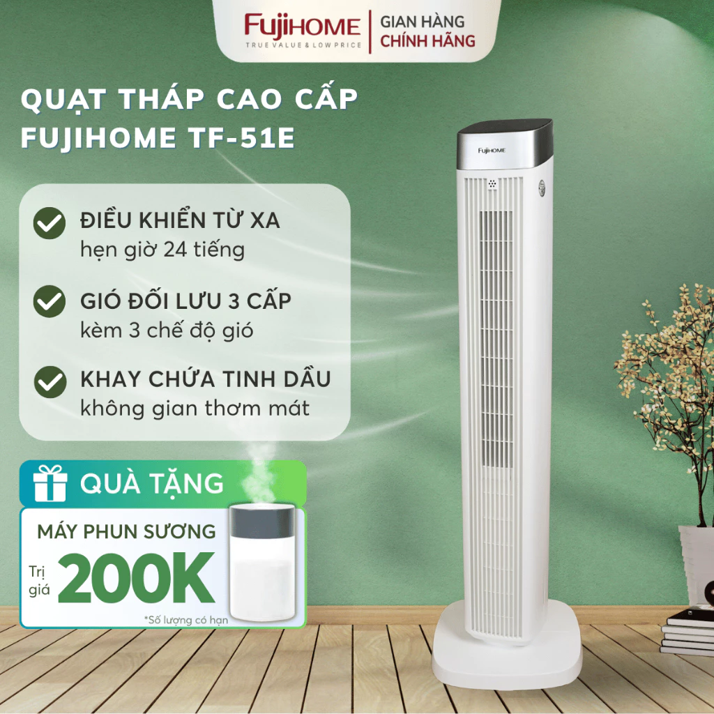 Quạt tháp cao cấp FUJIHOME TF-51E, quạt điện cây điều khiển từ xa hẹn giờ tích hợp khay tinh dầu