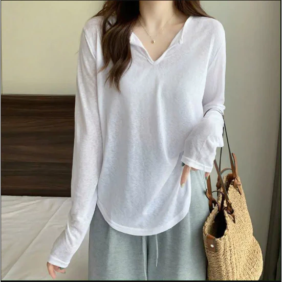 Áo thun dài tay nữ basic cổ V sành điệu thun cotton co giãn thoáng mát thấm hút mồ hôi hình đơn giản trẻ trung