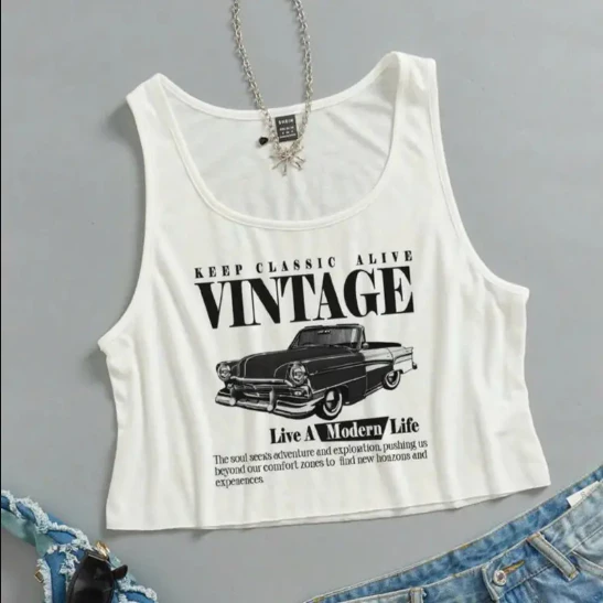 Áo ba lỗ nữ in hình chiếc xe vintage đơn giản basic freesize dưới 63kg thun cotton co giãn thoáng mát