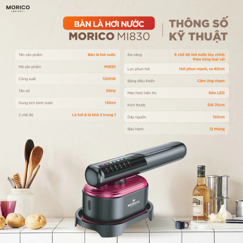 (Hỏa tốc) Bàn Là Hơi Nước Cầm Tay Morico MI830,Bàn Ủi 2in1 Hơi + Ủi Khô LED Cảm Ứng, Cầm Tay Tiện Lợi,Đa Dạng Chế Độ Vải