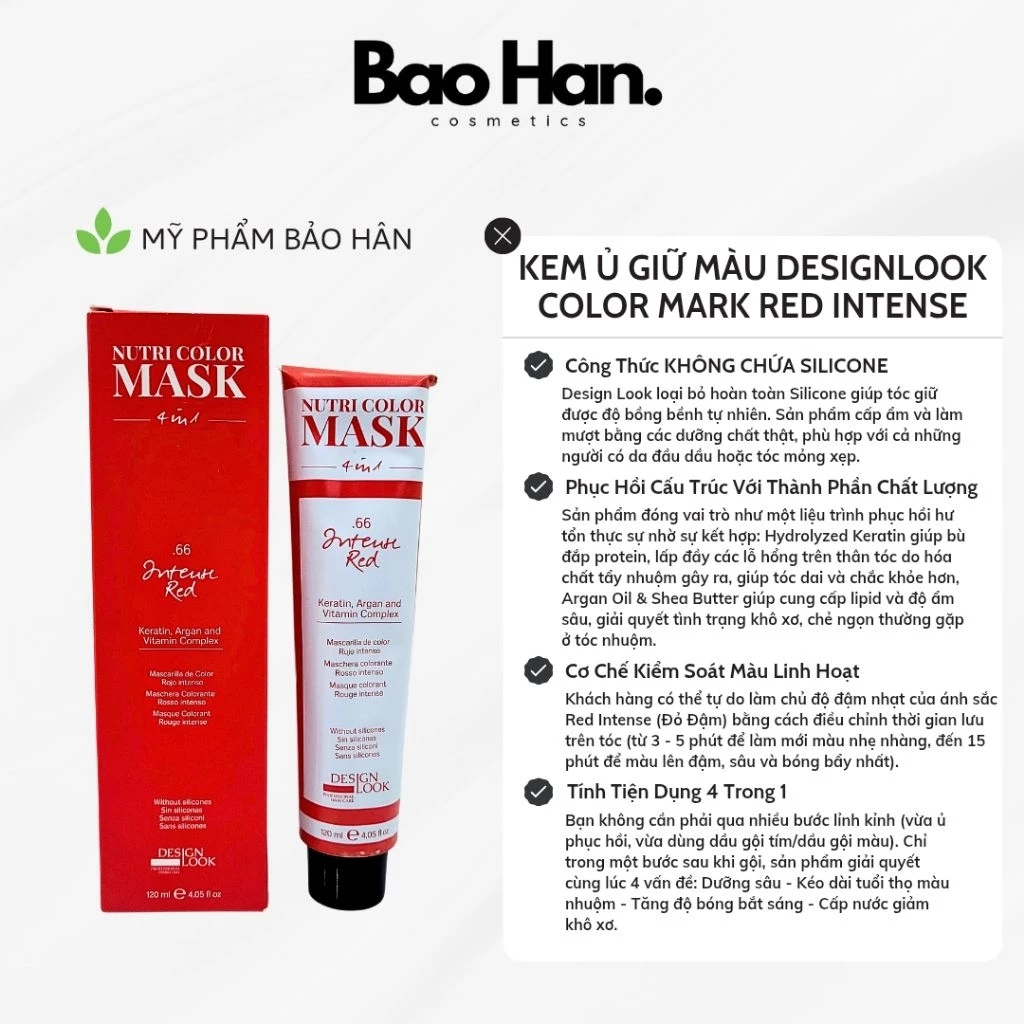 KEM Ủ TÓC GIỮ MÀU RED INTENSE DESIGNLOOK NUTRI COLOR MASK 120ML - PHỤC HỒI GIỮ MÀU 4 TRONG 1, KHÔNG SILICONE MÀU ĐỎ ĐẬM