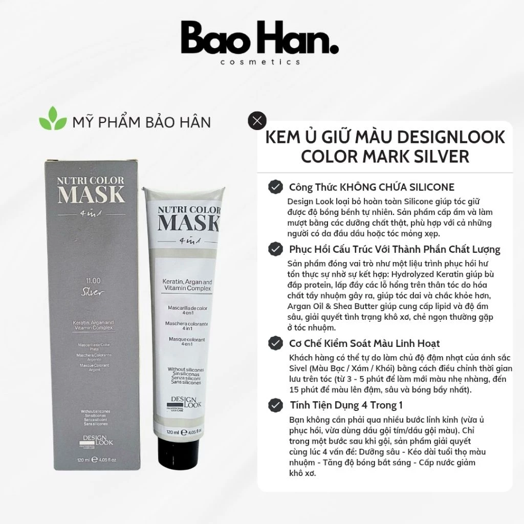 KEM Ủ TÓC GIỮ MÀU SILVER DESIGNLOOK NUTRI COLOR MASK 120ML - KHỬ VÀNG, GIỮ MÀU 4 TRONG 1, KHÔNG SILICONE MÀU XÁM KHÓI