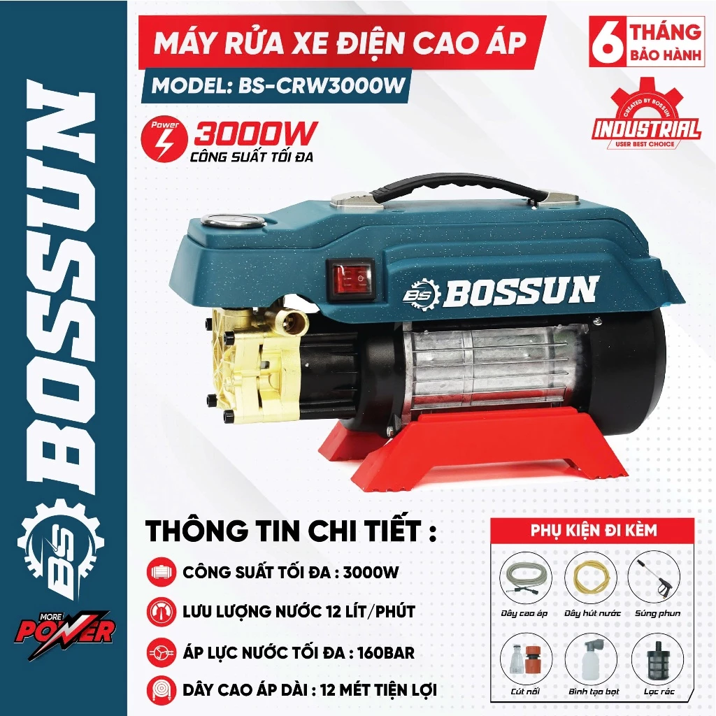 Máy rửa xe áp lực nước BOSSUN BS-CRW3000W, Công suất 3000W, Dây Đồng 100% kèm dây xịt 12M