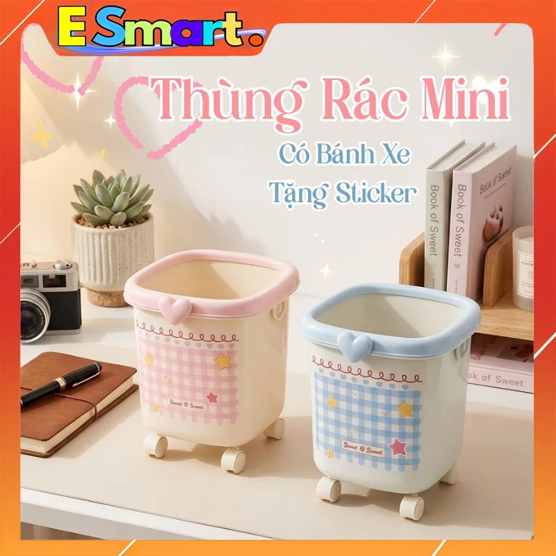 Thùng Rác Văn Phòng Hoạt Tiết Caro Dễ Thương - Sọt Rác Mini Có Bánh Xe Đẩy Decor Bàn Học, Bàn Làm Việc Tặng Kèm Sticker