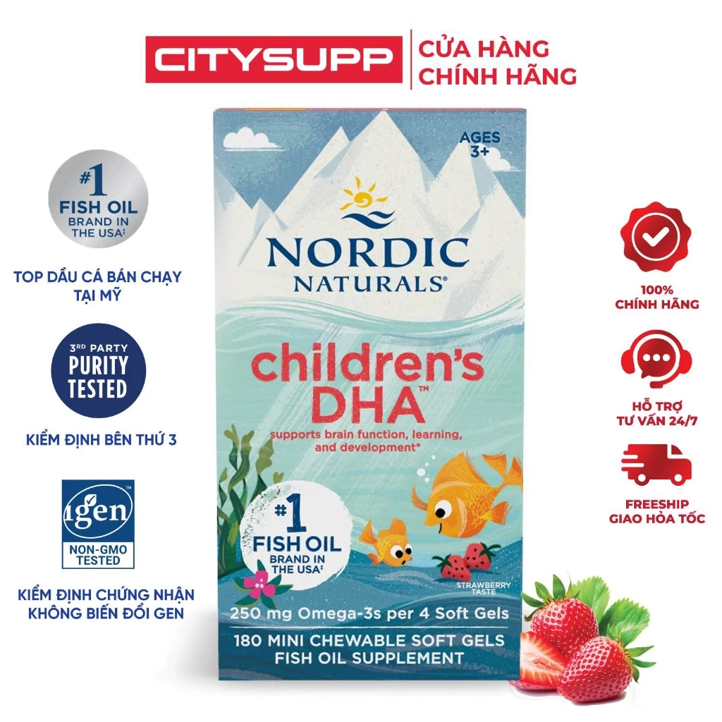 Viên Dầu Cá Cho Bé Children's DHA Nordic Naturals Vị Dâu, Bổ Sung Omega 3, Sáng Mắt, Phát Triển Trí Não | CitySupp