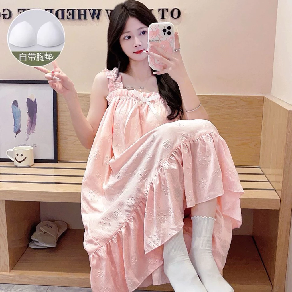 Đầm ngủ 2 dây tiểu thư  – váy ngủ dài dáng xòe có sẵn mút ngực