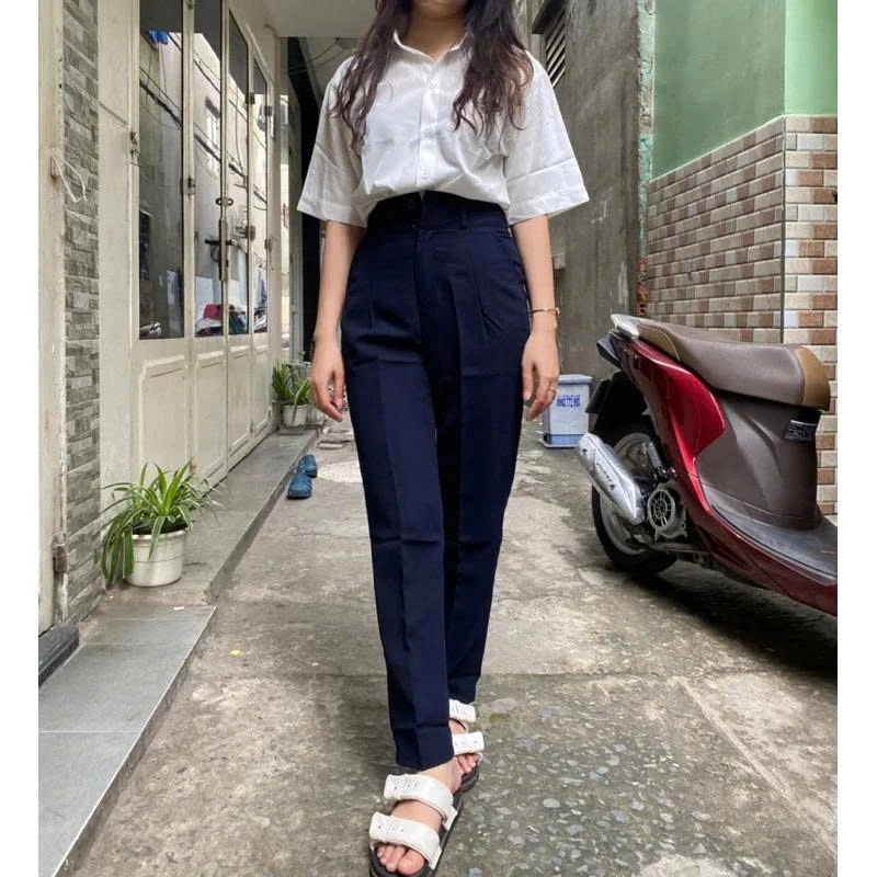 Quần tây nữ đi học 2 khuy lưng cao dáng quần baggy nữ học sinh cấp 3 đi học đi làm xinh xắn M07