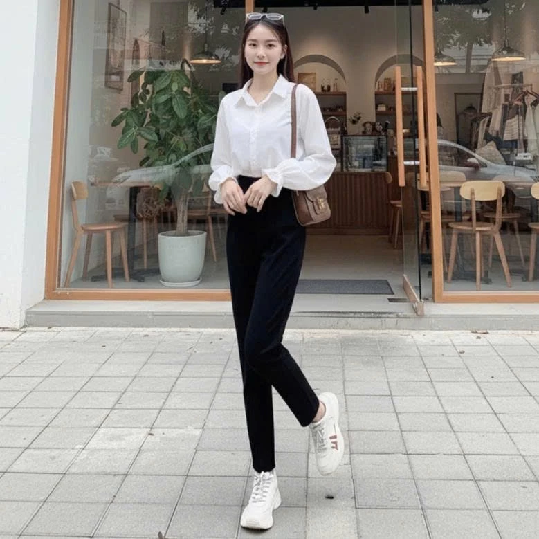 Quần tây ống đứng nữ 2 khuy cạp lưng cao dáng quần vải ống đứng nữ màu xanh đen học sinh đi học công sở