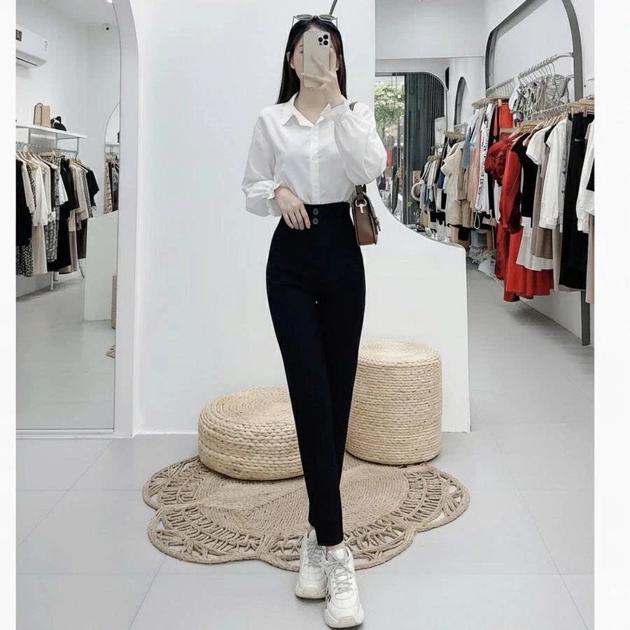 Quần tây baggy đi học nữ 2 khuy cạp lưng cao có đai nịt màu Đen và Xanh than dáng quần vải học sinh nữ dày đi học đẹp