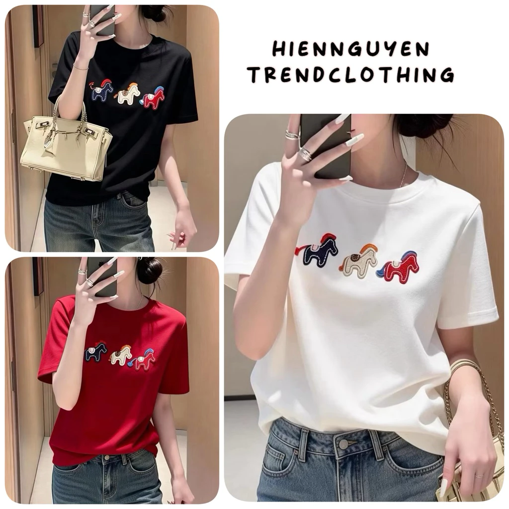Áo Baby Tee Thêu 3 Chú Ngựa  Mẫu Mới- Áo Thun Nữ Cổ Tròn Tay Ngắn Tôn Dáng Chất Cotton 4 Chiều Mềm Mịn
