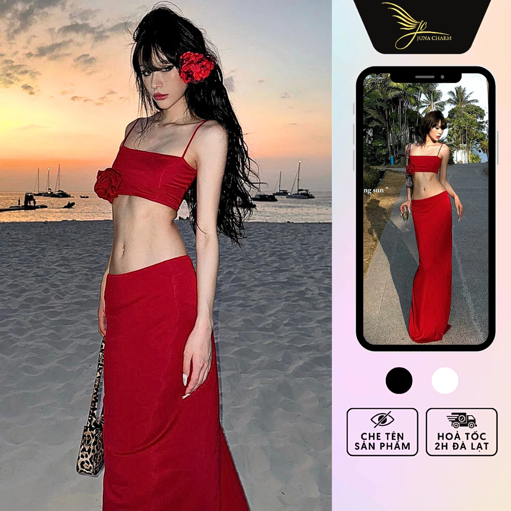 Váy 2 Dây Kèm Chân Váy Dài, Set Váy Đi Biển Sexy JUNA Freesize Thời Trang Nữ Chất Vải Thun Cotton Cao Cấp, Màu Đỏ/SP477A