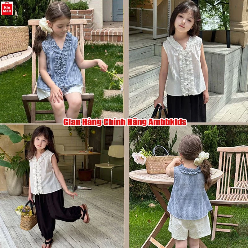 NEW 2025 (10-35kg) Áo Sơ Mi Kẻ Karo Sát Nách Dáng Chữ A Năng Động Trẻ Chung cho Bé Gái - chính hãng AMBBKIDS