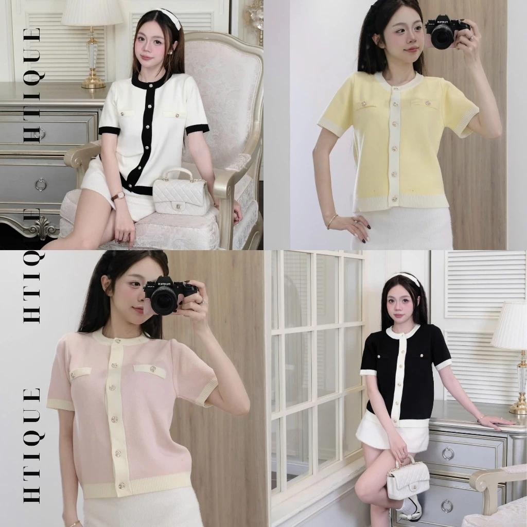 HTIQUE - SOFT SEASON mở bán Áo len dệt kim hai màu, Áo len dệt kim kiểu nữ phối viền trang nhã nhẹ nhàng LA45