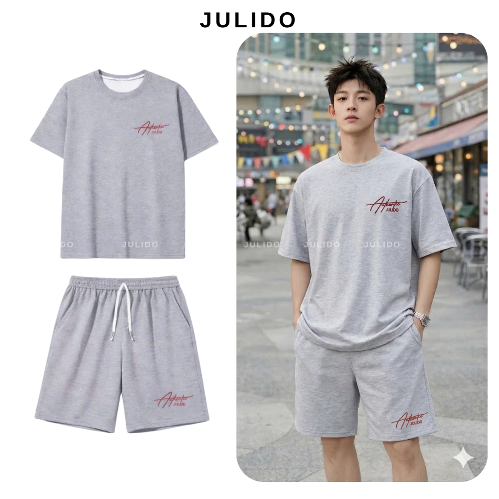 Bộ quần áo nam nữ vải COTTON ngắn tay cao cấp thêu hình JULIDO thoáng mát mùa hè Menswear