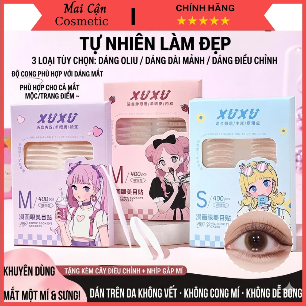 Miếng Dán Kích Mí XUXUTàng Hình Tự Nhiên -  KÍCH MÍ XUXU Trong Suốt, Sẵn Keo, Tạo Mắt 2 Mí